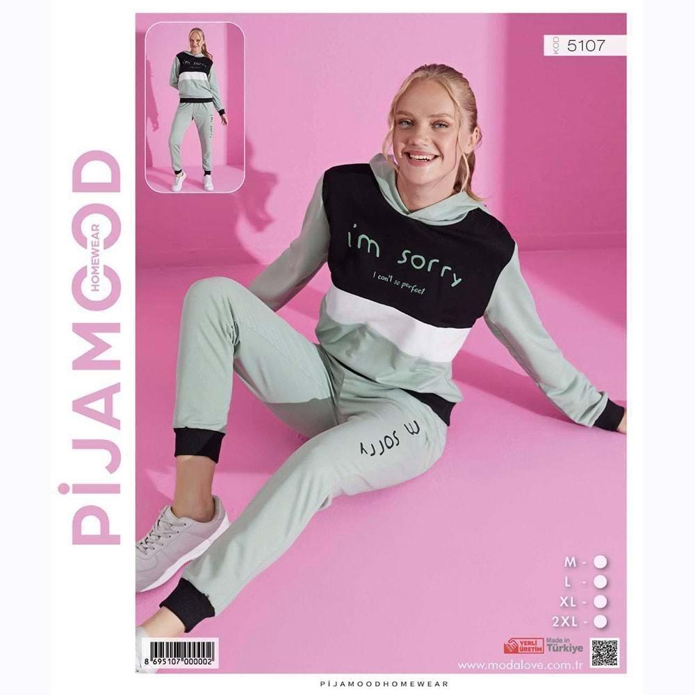 Pijamood 5107 Bayan Baskılı Kapşonlu 2 İp Pijama Takımı M-2XL