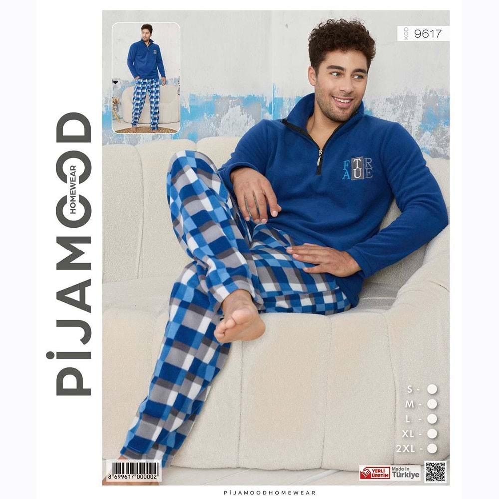 Pijamood 9617 Erkek Nakışlı Polar Dik Yaka Yarım Ferm Pijama Takımı S-2XL