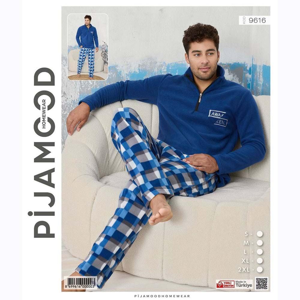 Pijamood 9616 Erkek Nakışlı Polar Dik Yaka Yarım Ferm Pijama Takımı S-2XL