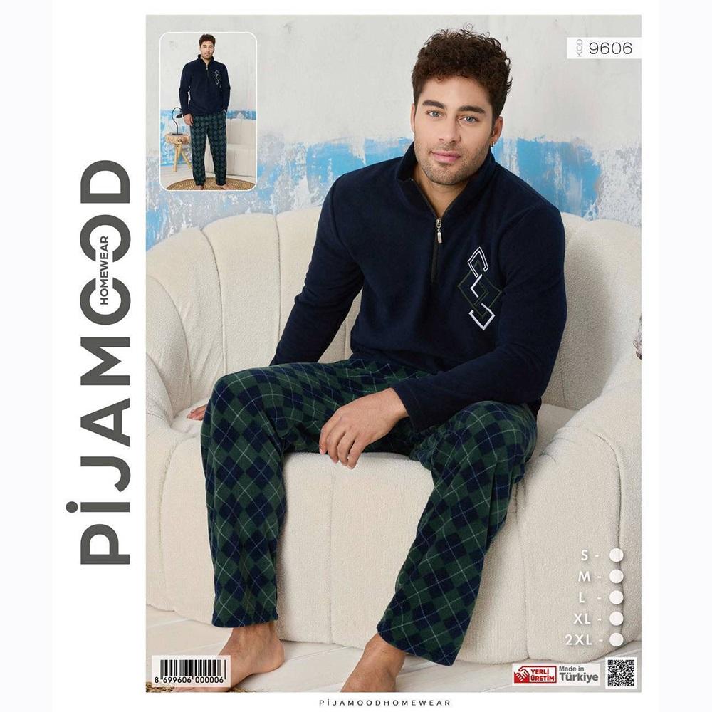 Pijamood 9606 Erkek Nakışlı Polar Dik Yaka Yarım Ferm Pijama Takımı S-2XL