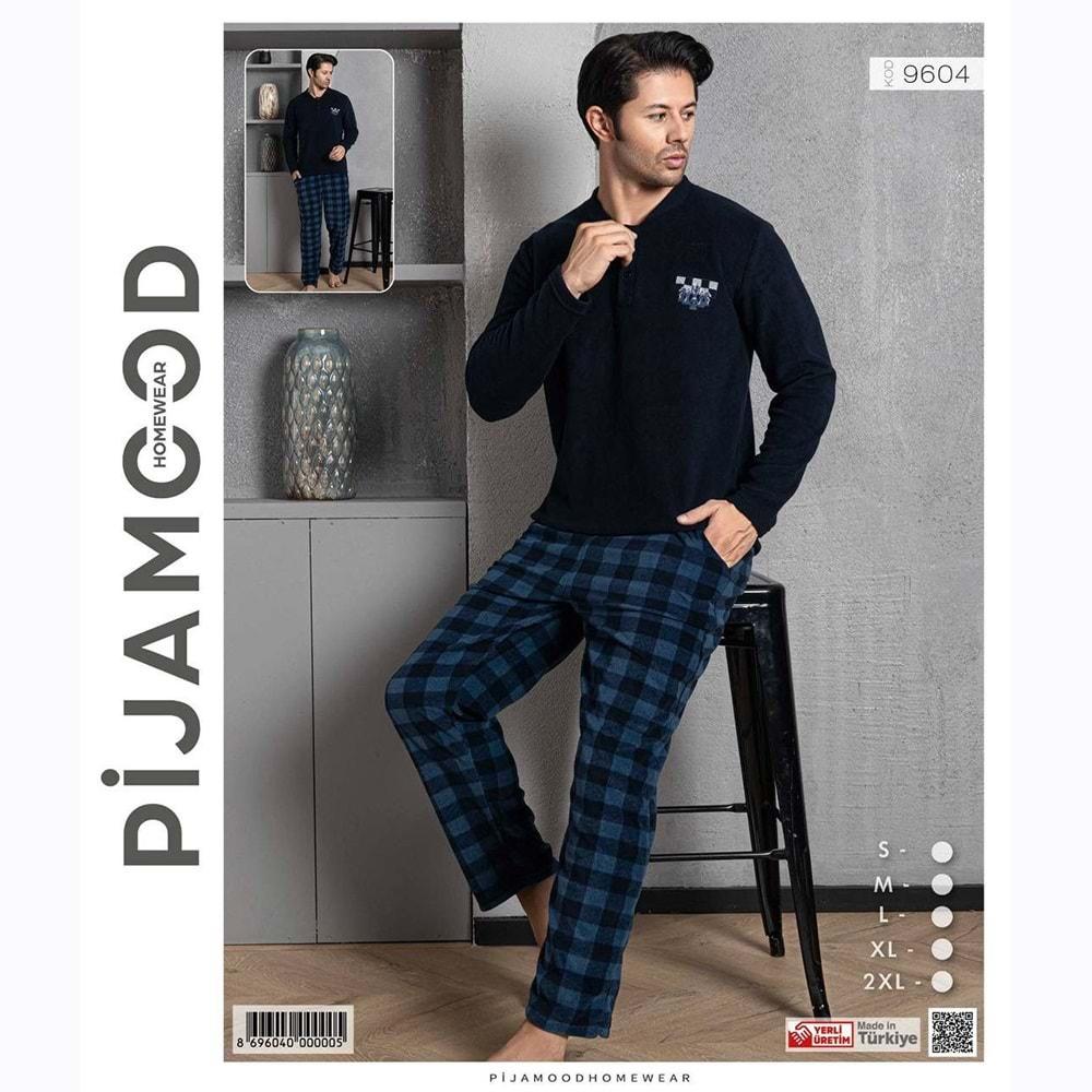 Pijamood 9604 Erkek Nakışlı Polar Sıfır Yaka 2 Düğmeli Pijama Takımı S-2XL