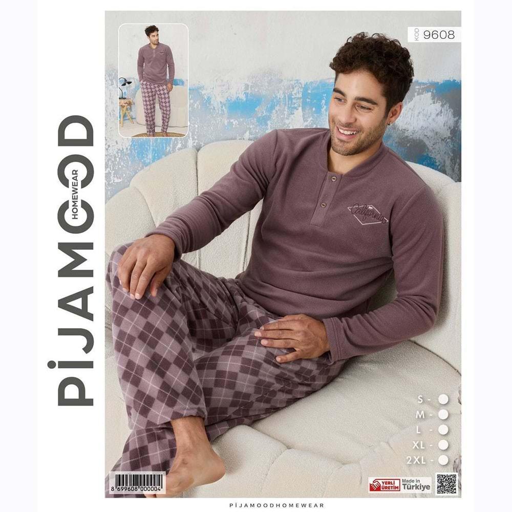 Pijamood 9608 Erkek Nakışlı Polar Sıfır Yaka 2 Düğmeli Pijama Takımı S-2XL