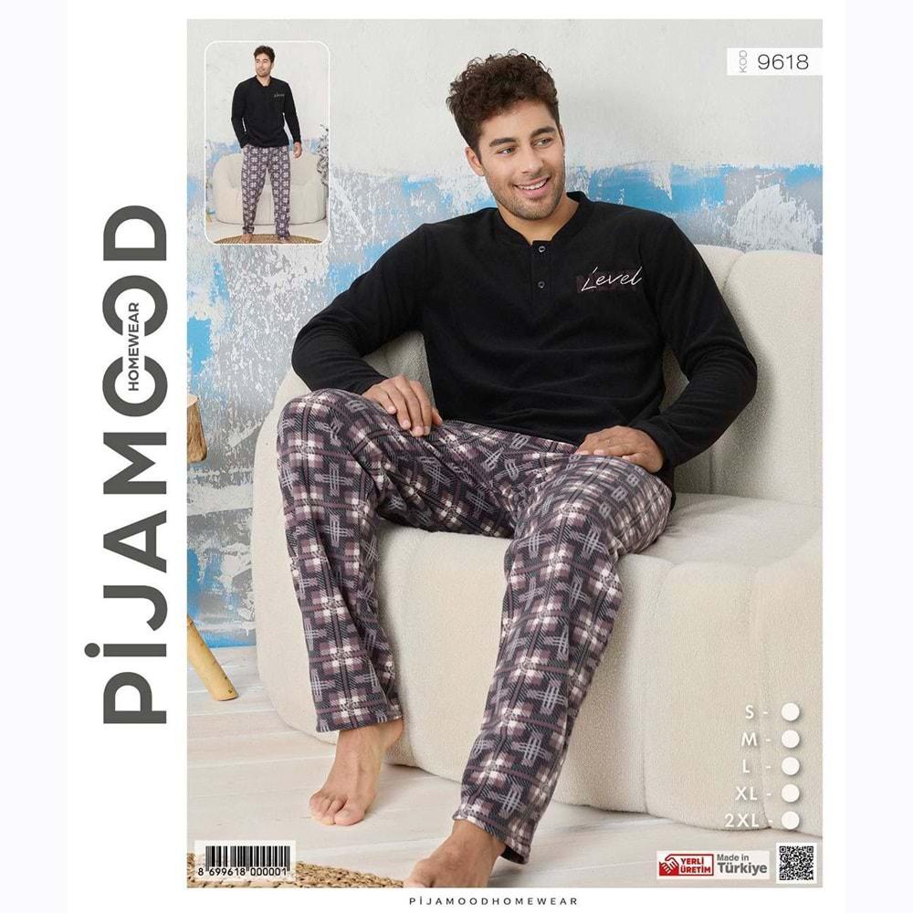 Pijamood 9618 Erkek Nakışlı Polar Sıfır Yaka 2 Düğmeli Pijama Takımı S-2XL