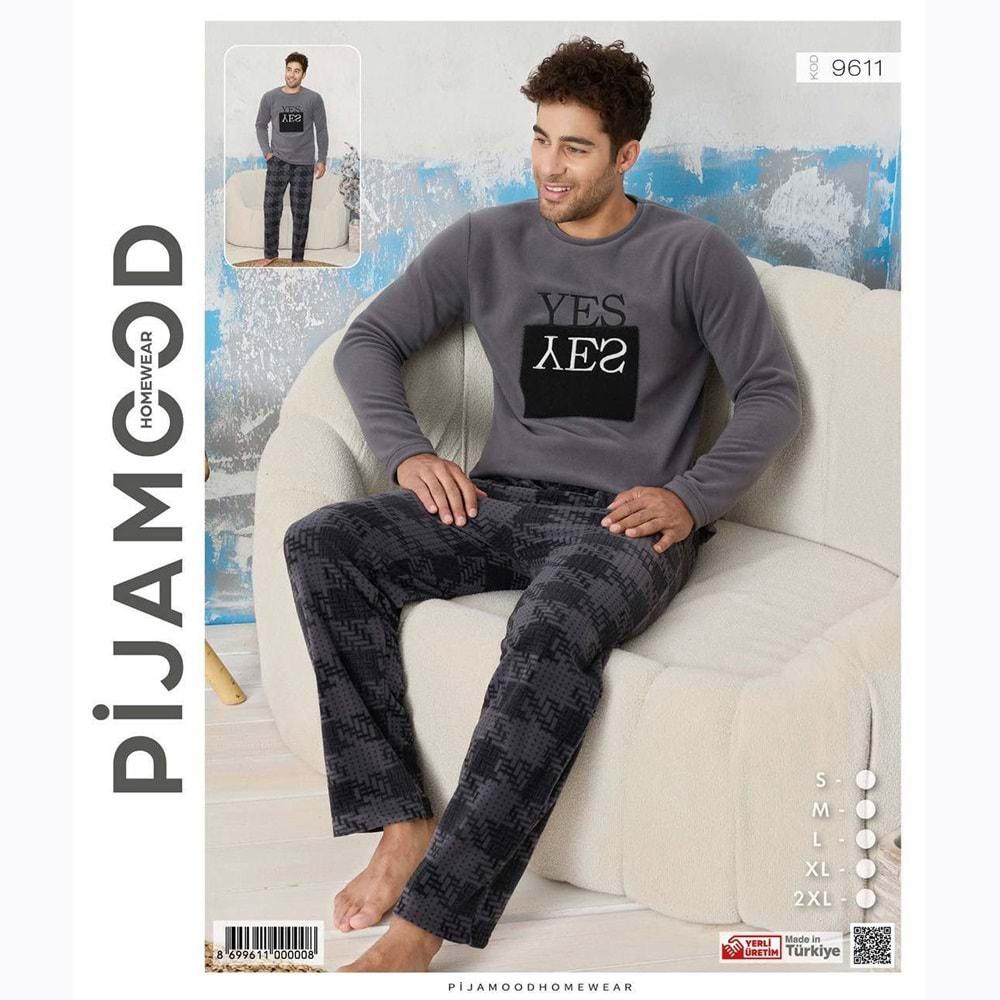 Pijamood 9611 Erkek Nakışlı Polar Sıfır Yaka Pijama Takımı S-2XL
