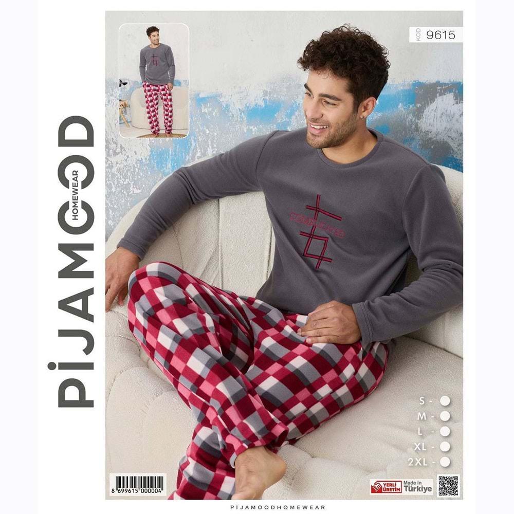 Pijamood 9615 Erkek Nakışlı Polar Sıfır Yaka Pijama Takımı S-2XL