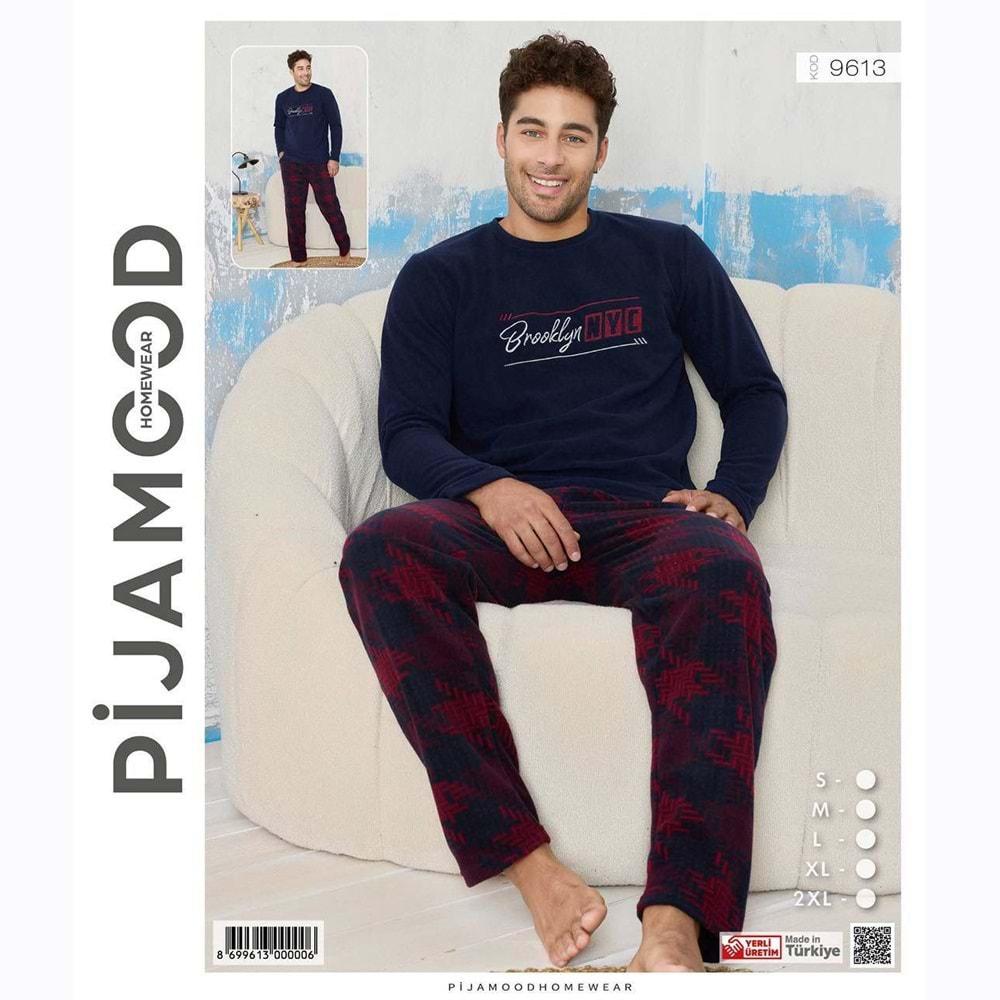 Pijamood 9613 Erkek Nakışlı Polar Sıfır Yaka Pijama Takımı S-2XL