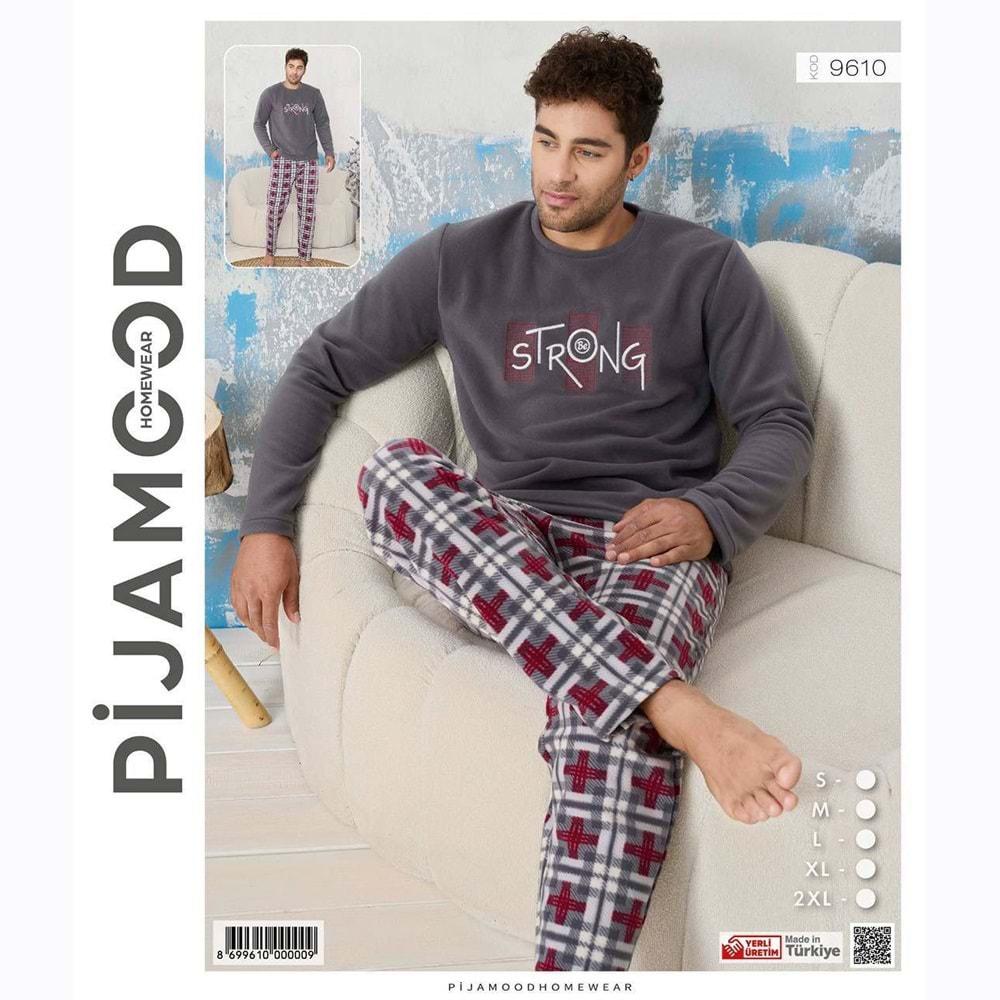Pijamood 9610 Erkek Nakışlı Polar Sıfır Yaka Pijama Takımı S-2XL