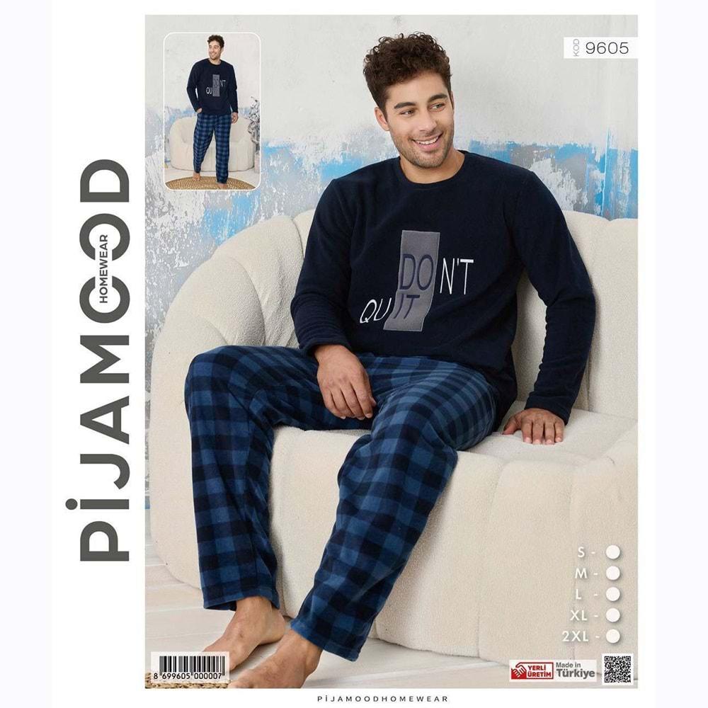 Pijamood 9605 Erkek Nakışlı Polar Sıfır Yaka Pijama Takımı S-2XL