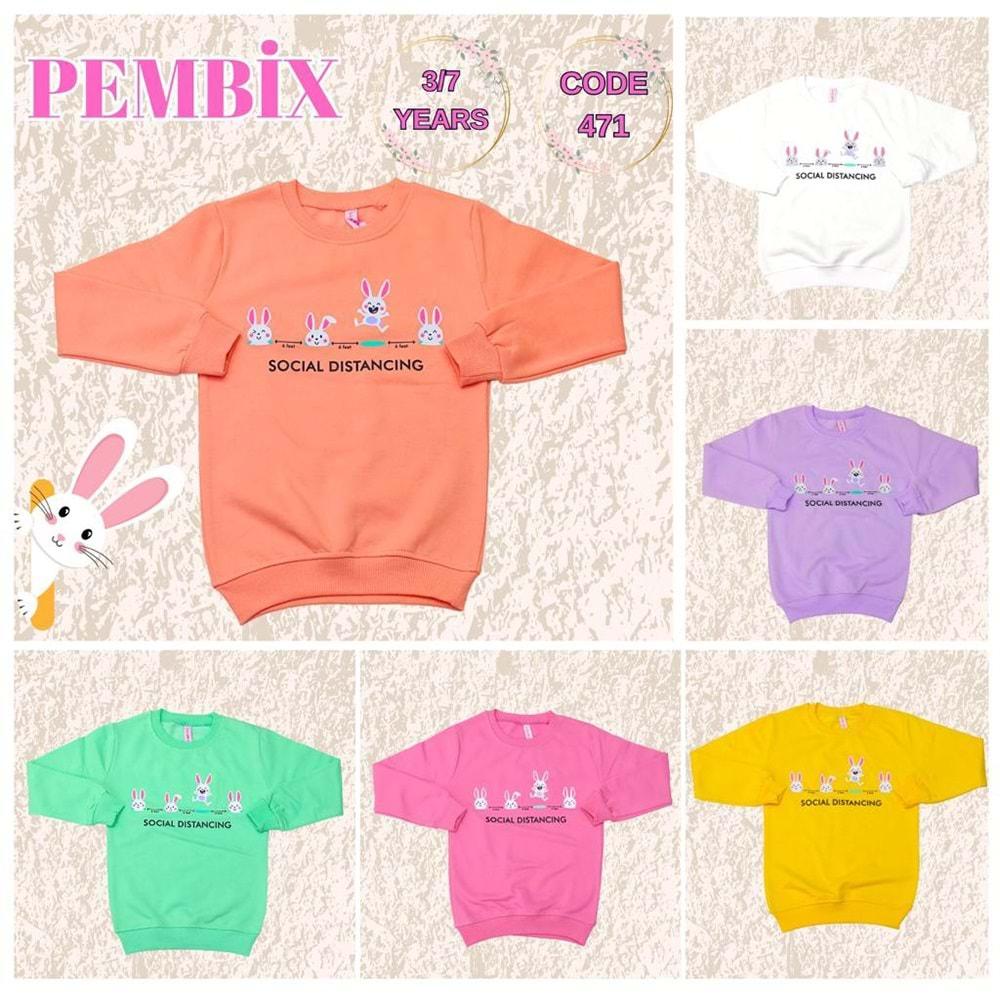 Pembix 471 Kız Çocuk Penye Social Tavşan Baskılı Sweat 3-7 yaş