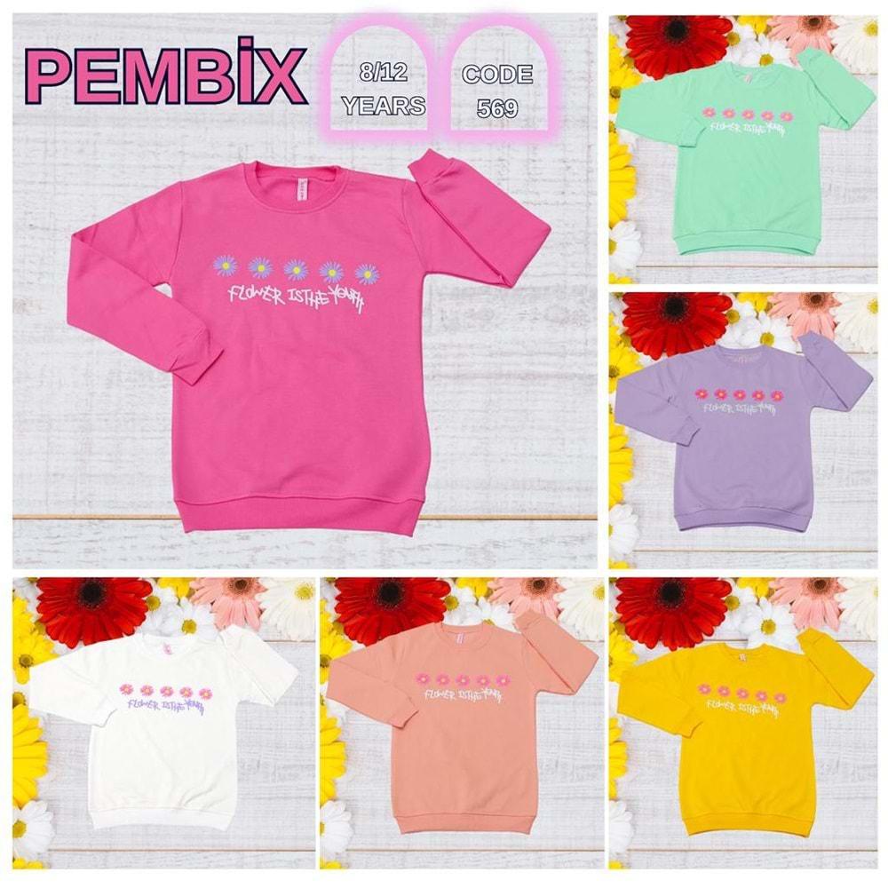 Pembix 569 Kız Çocuk Penye Flower Papatya Baskılı Sweat 8-12 Yaş