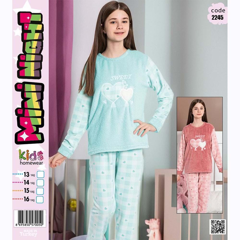 Mini Night 2245 Kız Çocuk Welsoft Kalp Nak Pijama Takımı 5-8 Yaş