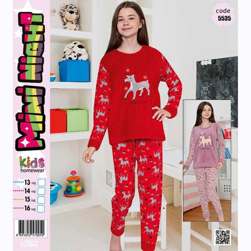 Mini Night 5535 Kız Çocuk Welsoft Geyik Nak Pijama Takımı 5-8 Yaş