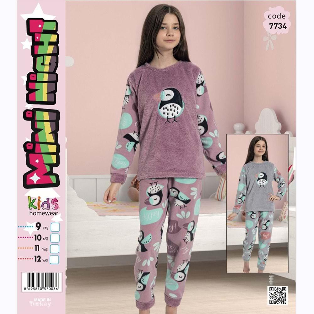 Mini Night 7734 Kız Çocuk Welsoft Kuş Nak Pijama Takımı 9-12 Yaş