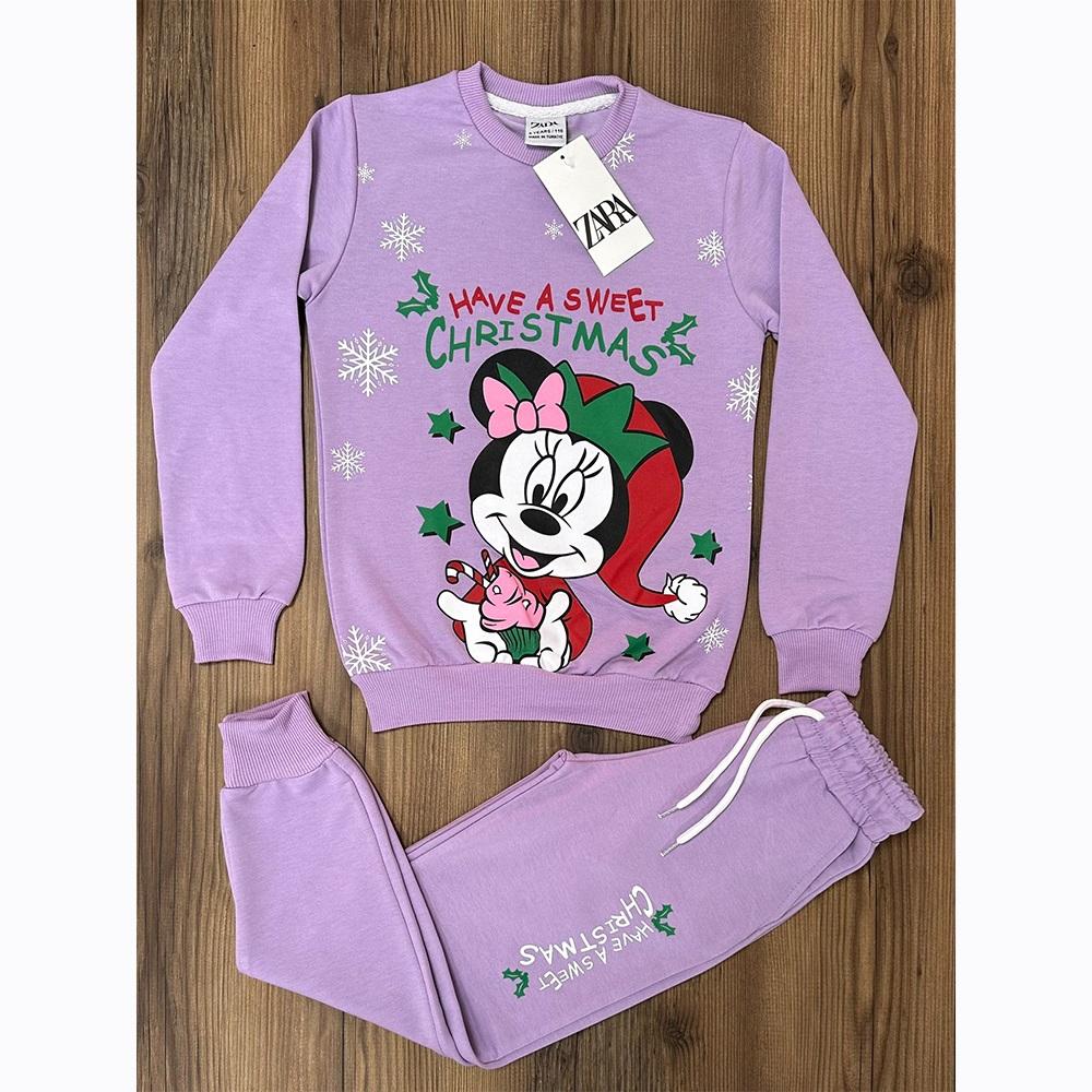 Zara Kız Çocuk Penye Noel Şapkalı Minnie Mouse Kar Tanesi Baskılı Takım 7-10 Yaş