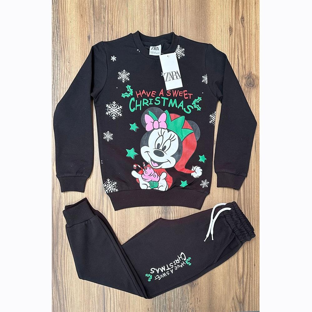 Zara Kız Çocuk Penye Noel Şapkalı Minnie Mouse Kar Tanesi Baskılı Takım 7-10 Yaş