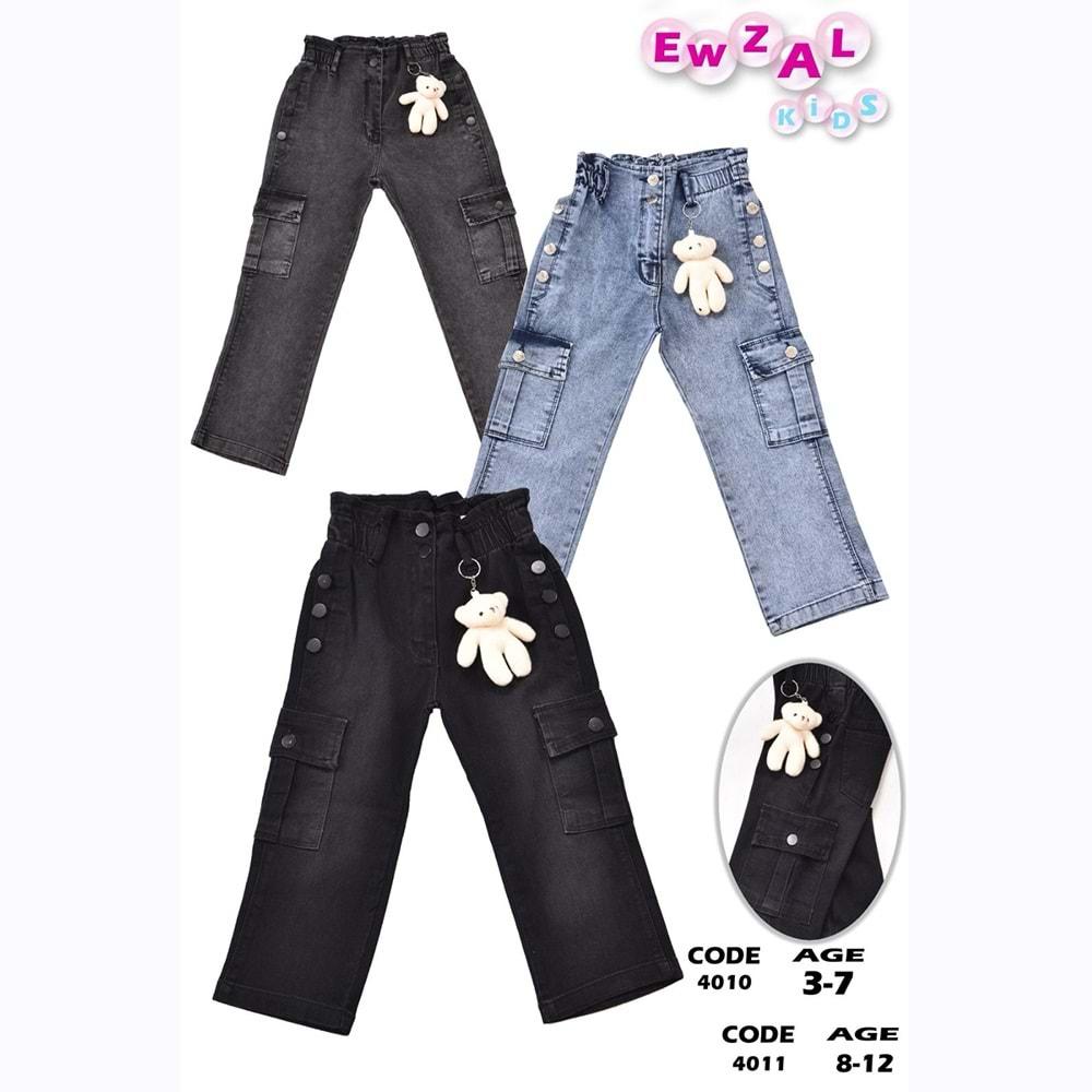 Ewzal 2350 Kız Çocuk Kargo Cep Bacak Ayıcık Model Karyıkama Kot Pantolon 8-12 Yaş