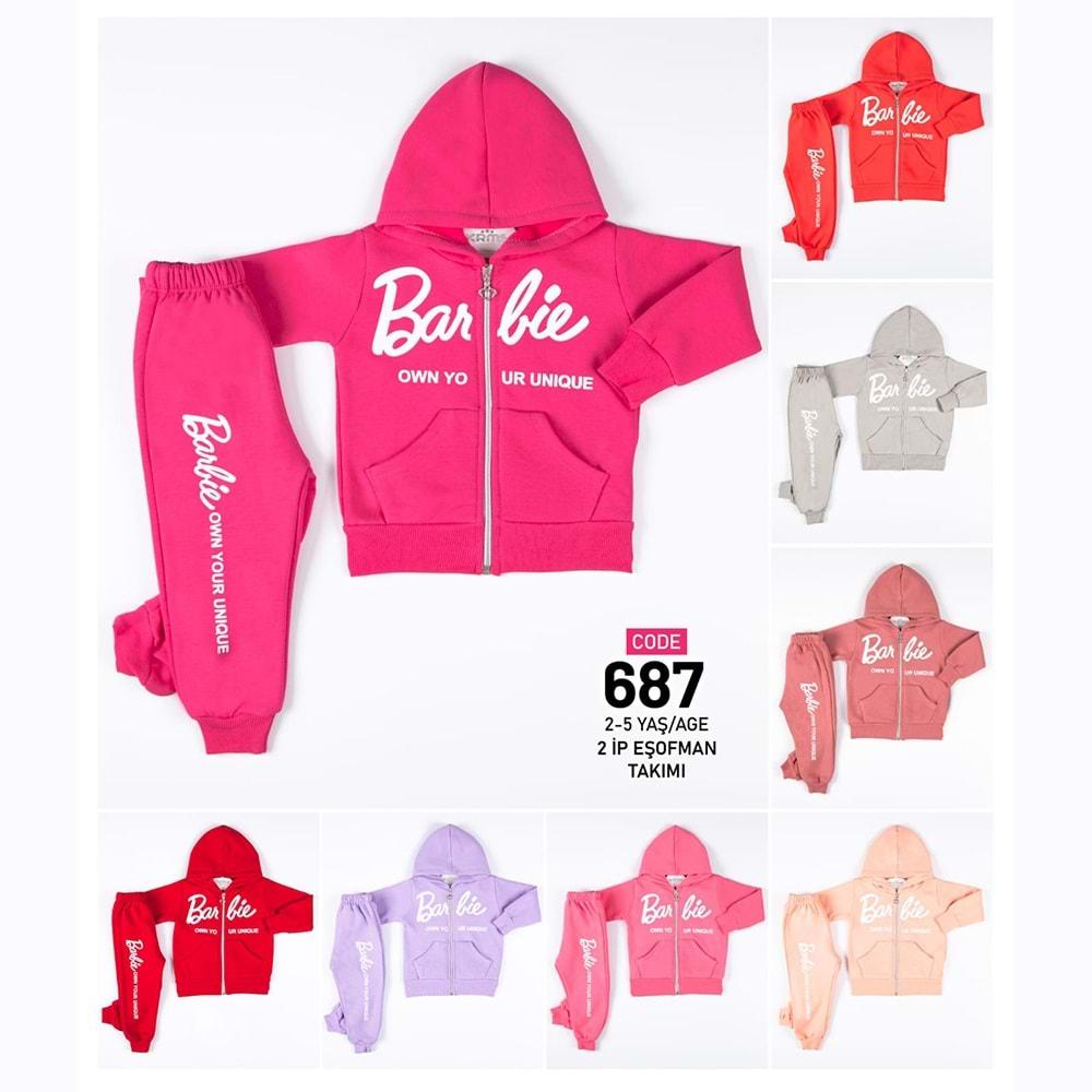 Krms 687 Kız Çocuk 2 İp Barbie Baskılı Kapşonlu Fermuarlı Sweat Takım 2-5 Yaş