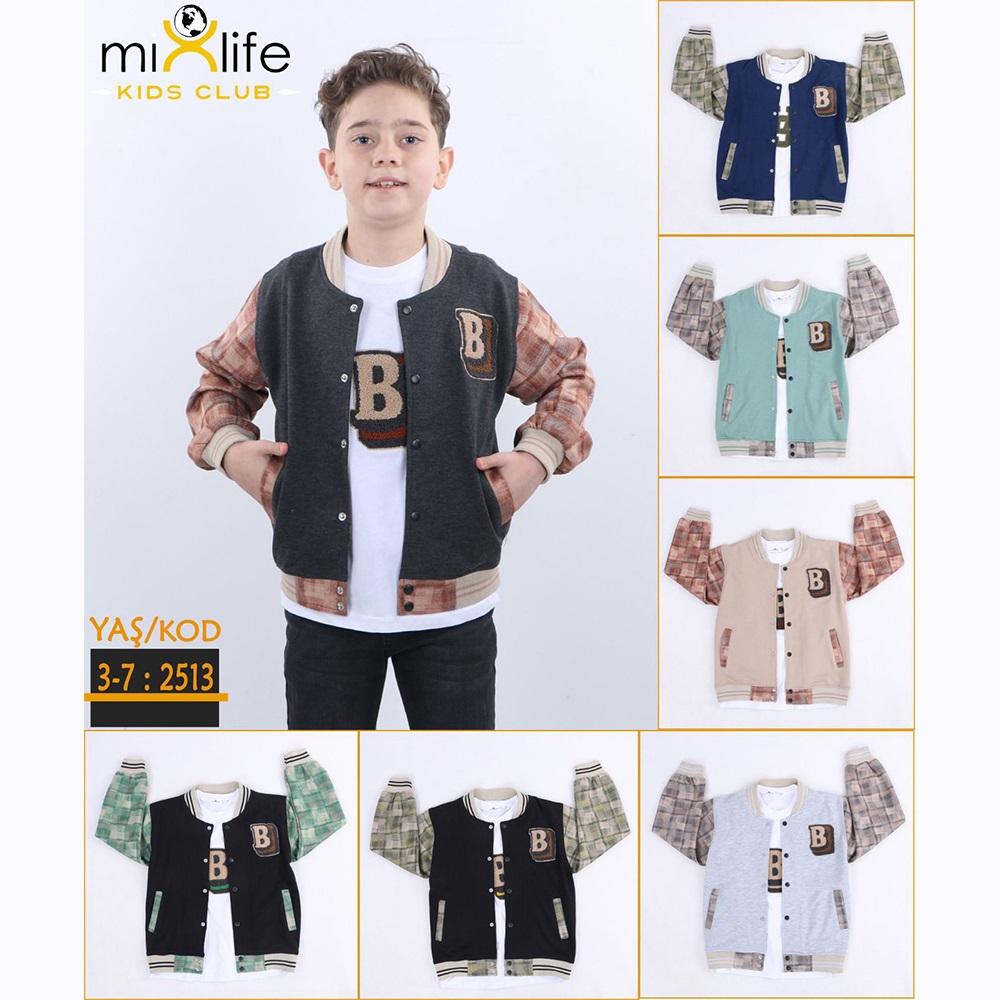 Mix Life 2513 Erkek Çocuk Penyeli 2 İp B Süzine Nakışlı Kol Desenli Kolej Ceket Takım 3-7 Yaş