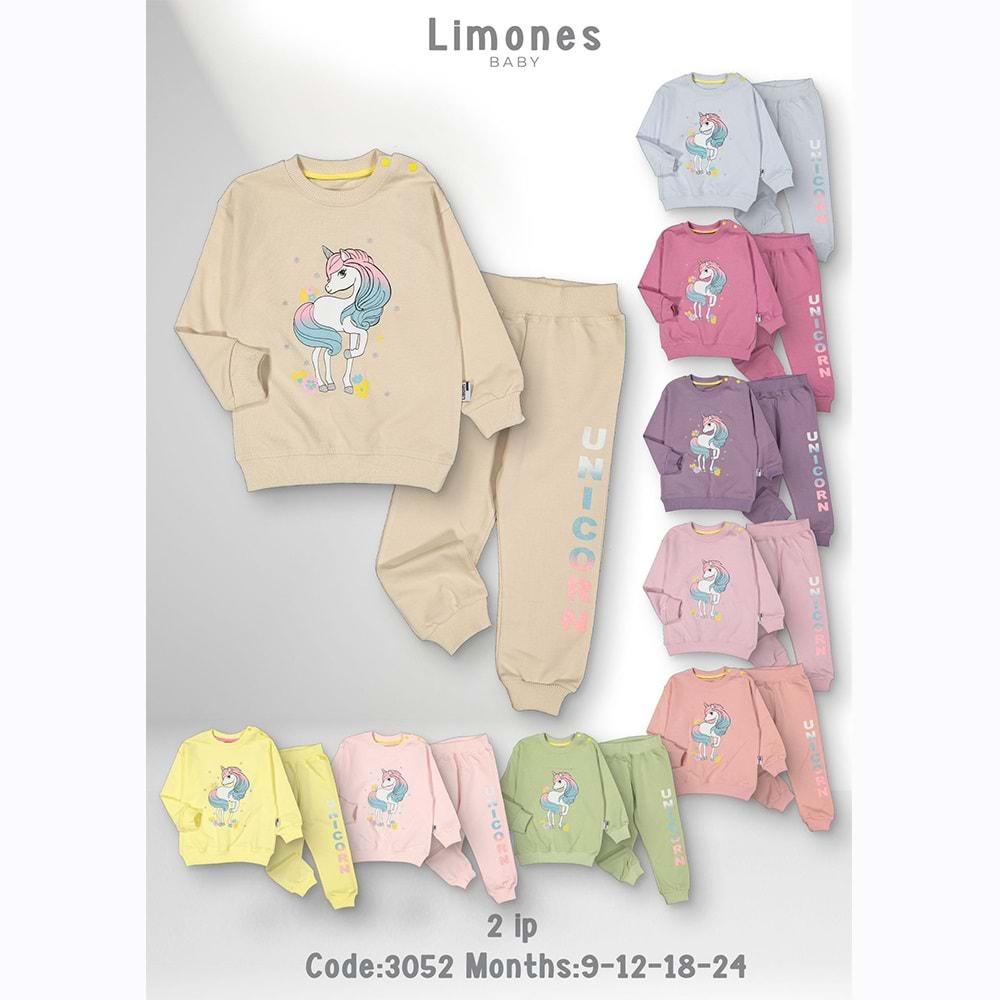 Limones 3052 Kız Bebe 2 İp Simli Unicorn Baskılı Takım 9-24 Ay