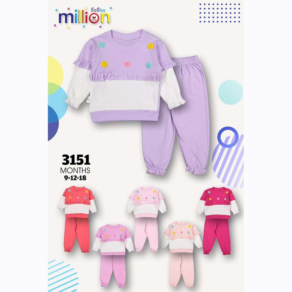 Million 3151 Kız Bebe Penye Ponpon Süzine Nakışlı Takım 6-18 Ay