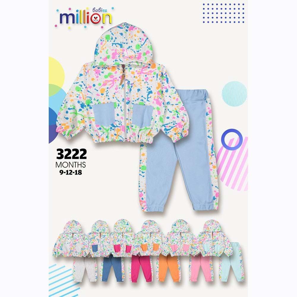 Million 3222 Kız Bebe Penye Renkli Çamur Baskılı Kapşonlu Takım 3-6-9 Ay