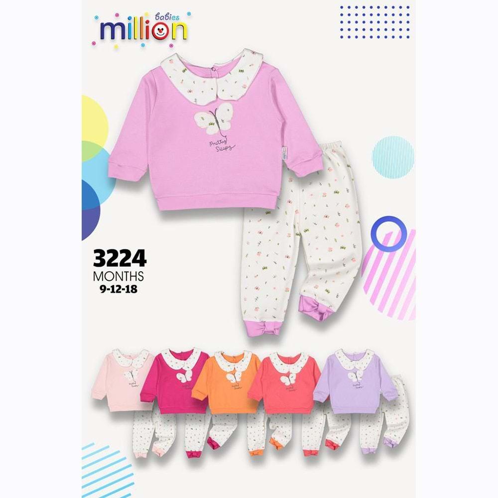 Million 3224 Kız Bebe Penye Kelebek Nakışlı Takım 3-6-9 Ay