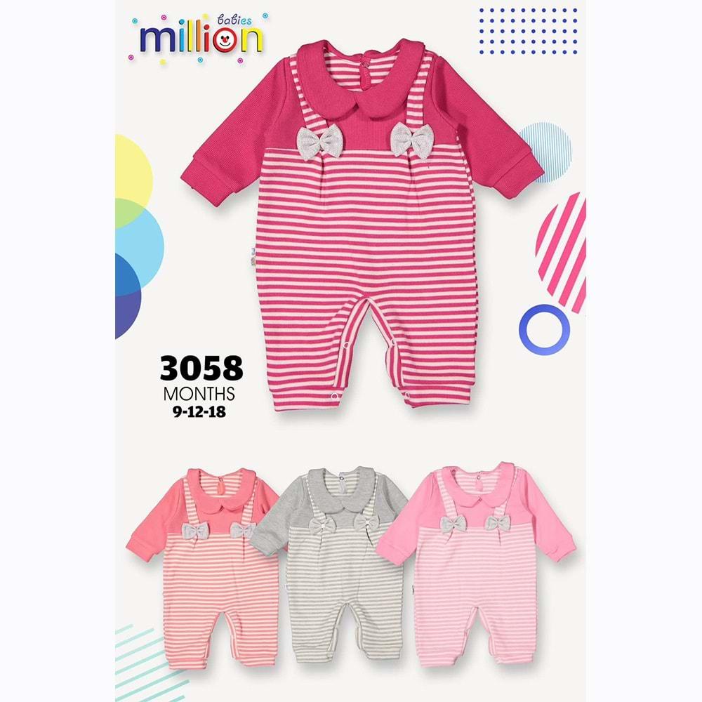 Million 3058 Kız Bebe Penye Çizgili Sahte Askılı Fiyonklu Tulum 3-6-9 Ay