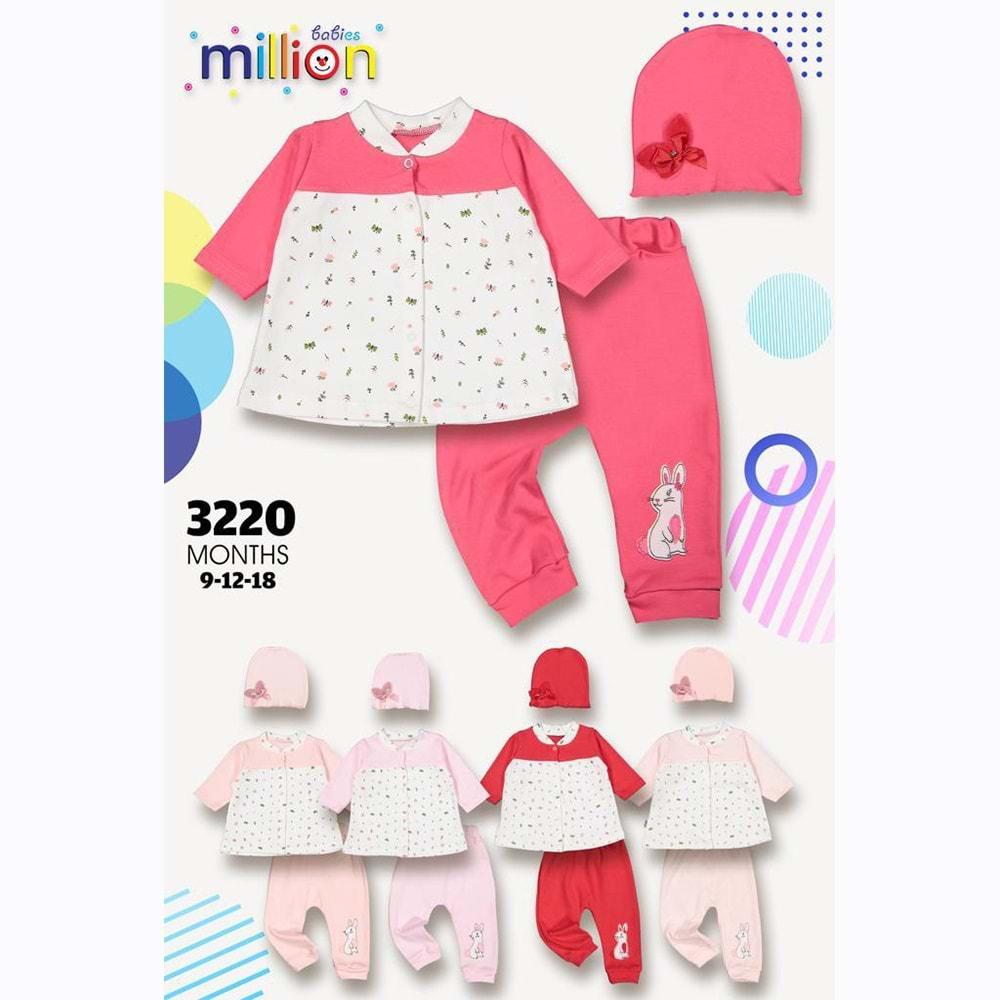 Million 3220 Kız Bebe Penye Çiçek Desenli Şapkalı 3 Lü Takım 3-6-9 Ay