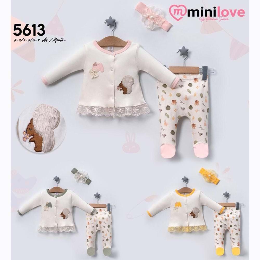 Mini love 5613 Bebe Penye Sincap Nakışlı Saç Bandanalı Takım 3-6-9 Ay