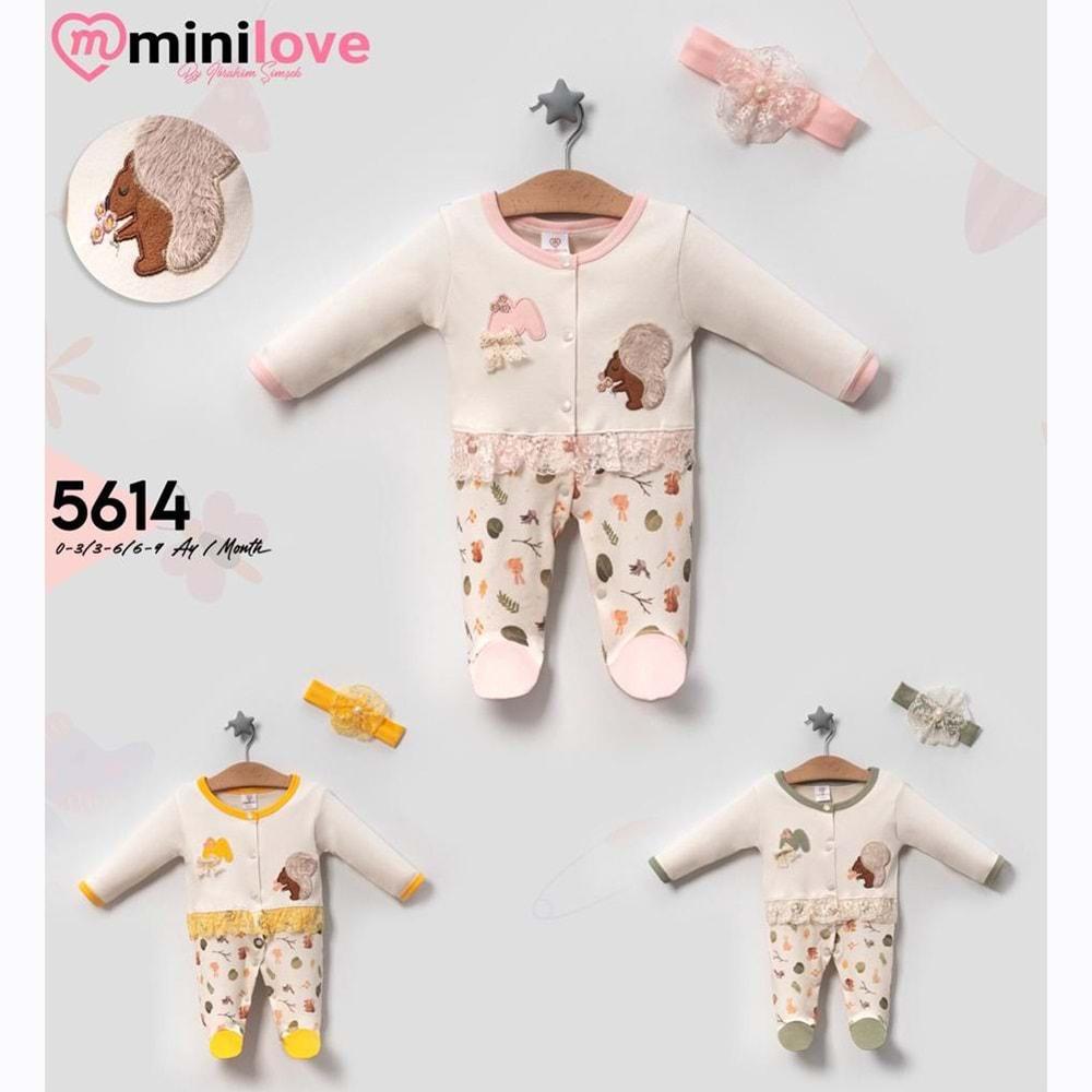 Mini love 5614 Bebe Penye Sincap Nakışlı Saç Bandanalı Tulum 3-6-9 Ay