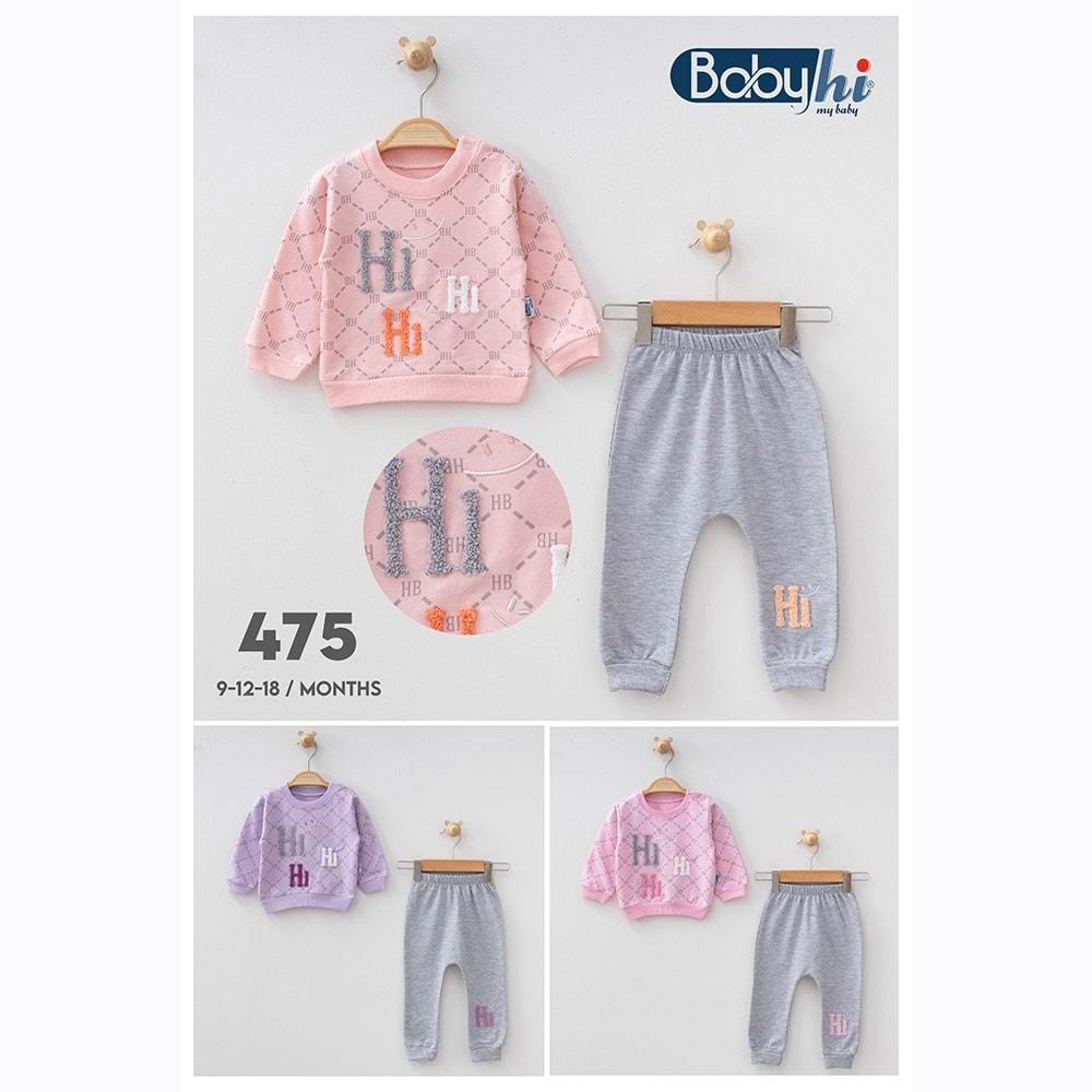 Baby Hi 475 Kız Bebe Penye Hi Süzine Gülücük Nakışlı Takım 6-9-12-18 Ay