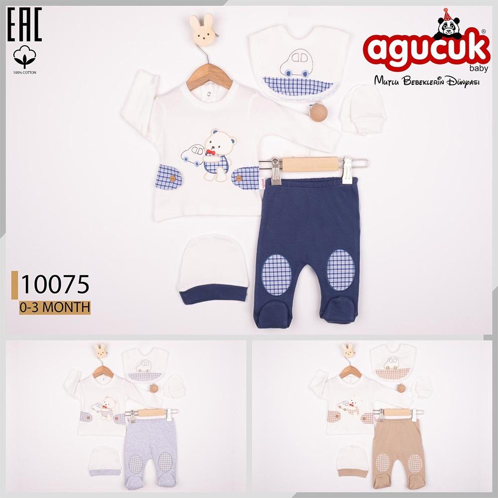 Agucuk Baby 10075 Erkek Bebe Ayıcık Nakışlı Patikli Şapkalı 5 Li Zıbın Takım 0-3 Ay