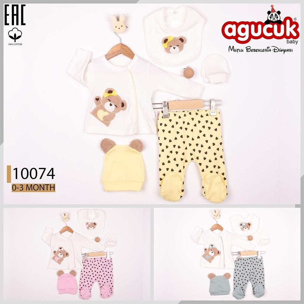 Agucuk Baby 10074 Kız Bebe Penye Süzine Ayıcık Nakışlı Patikli Şapkalı 5 Li Zıbın Takım 0-3 Ay