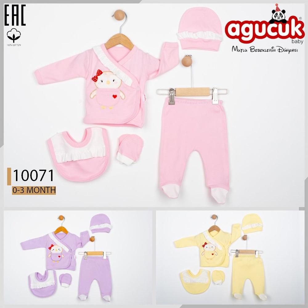 Agucuk Baby 10071 Kız Bebe Penye Cepte Sevimli Penguen Nakışlı Patikli Şapkalı 5 Li Zıbın Takım 0-3 Ay