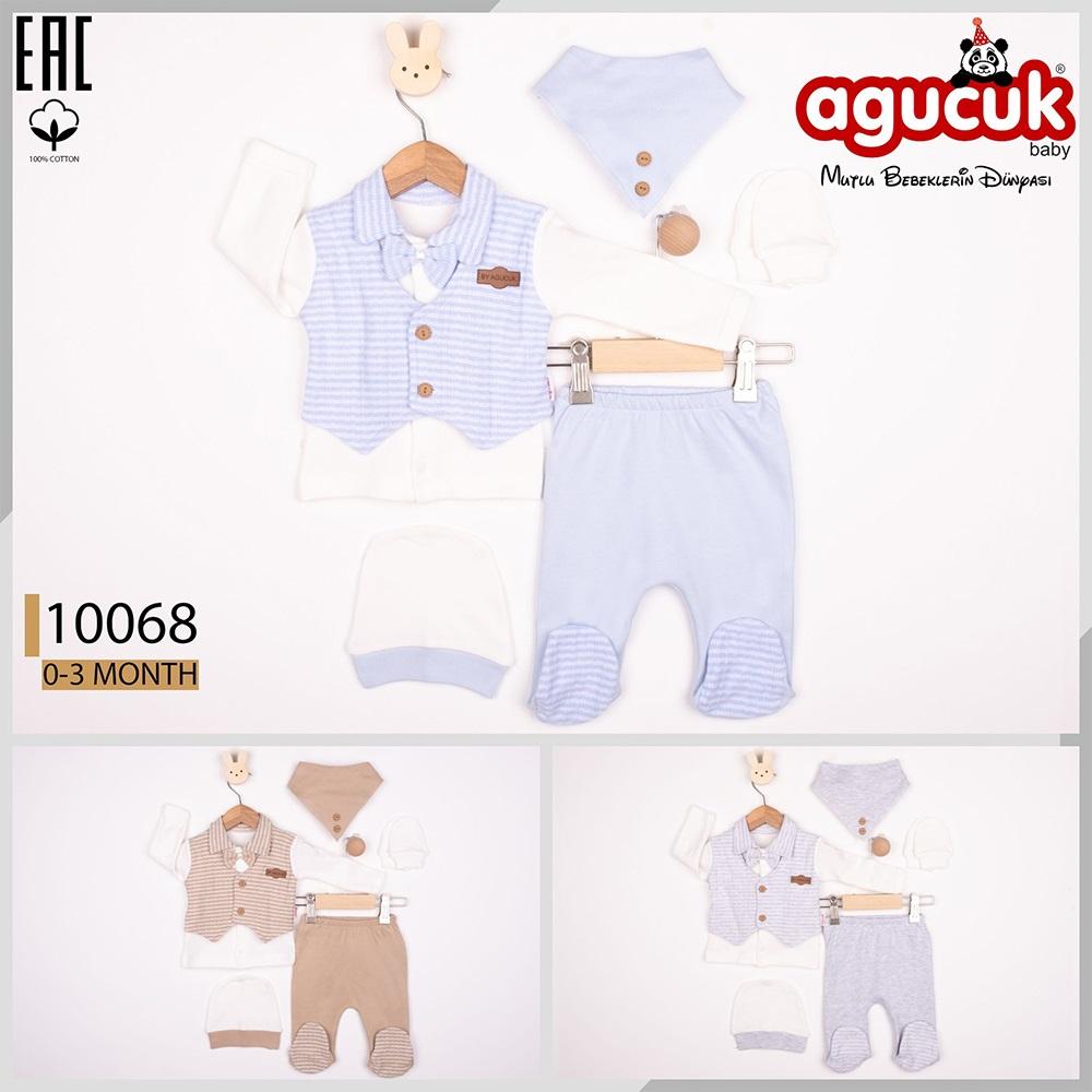 Agucuk Baby 10068 Erkek Bebe Penye Papyonlu Nakışlı Patikli Şapkalı 5Li Zıbın Takım 0-3 Ay