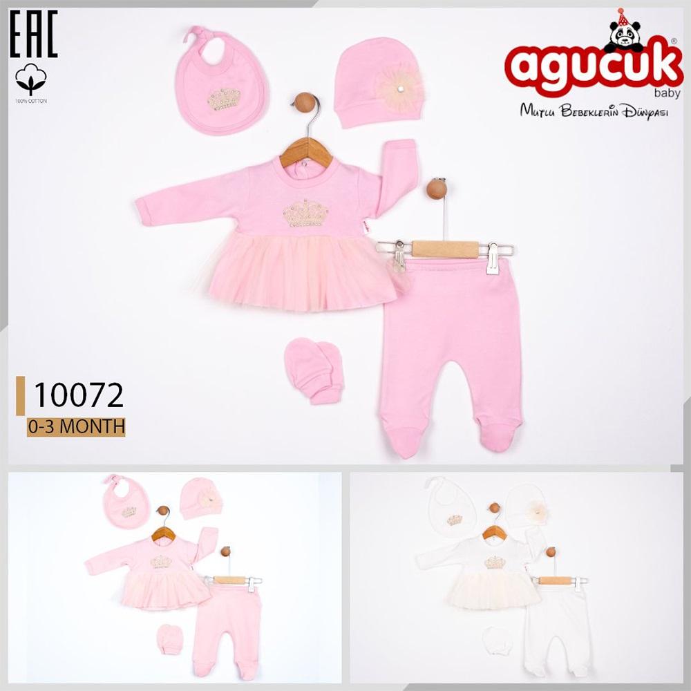 Agucuk Baby 10072 Kız Bebe Penye Taşlı Taç Nakışlı Tüllü Patikli Şapkalı 5 Li Zıbın Takım 0-3 Ay