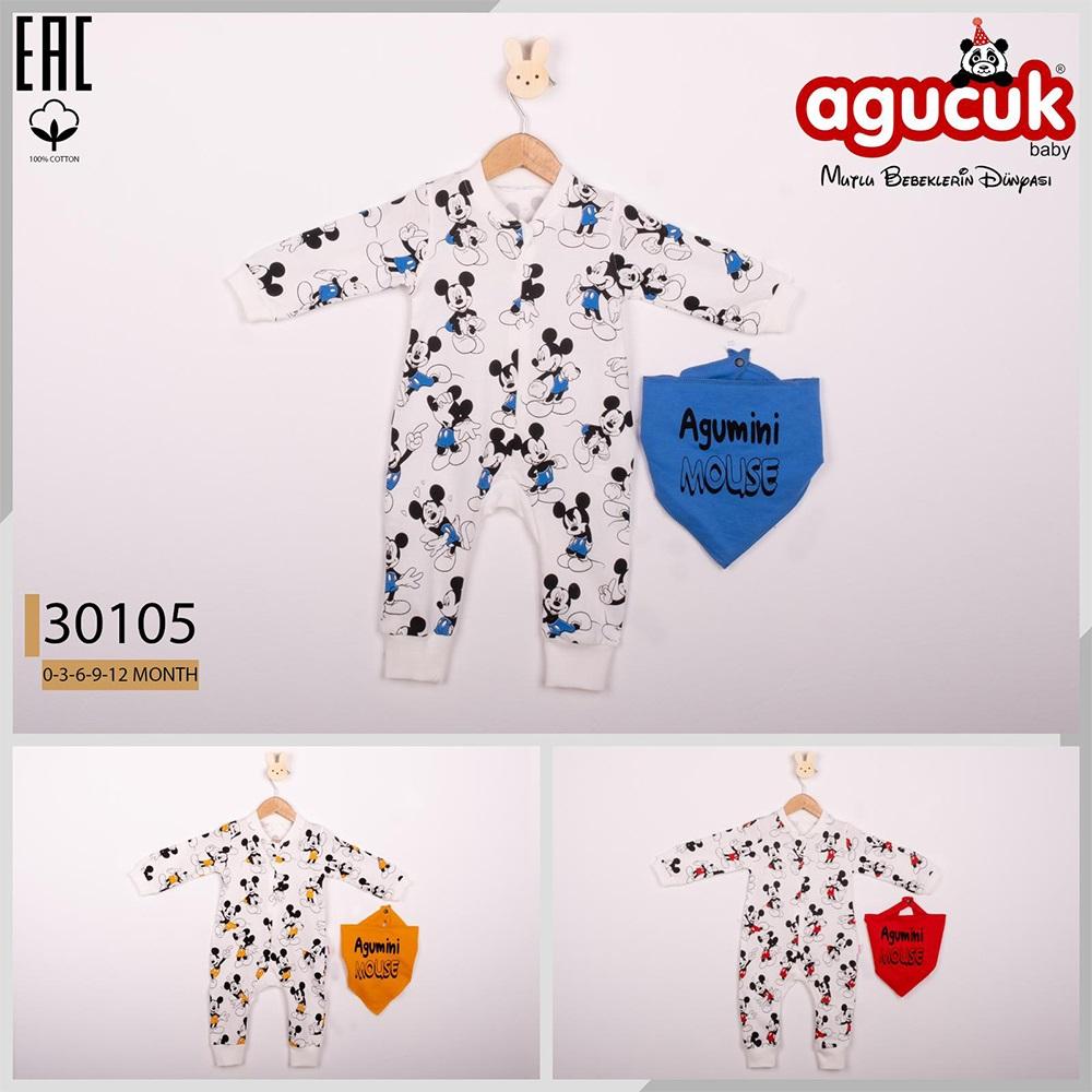 Agucuk Baby 30105 Erkek Bebe Mickey Mouse Baskılı Patiksiz Tulum 3-12 Ay