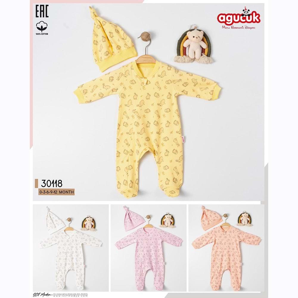 Agucuk Baby 30118 Kız Bebe Penye Tavşan Baskılı Patikli Tulum 3-12 Ay