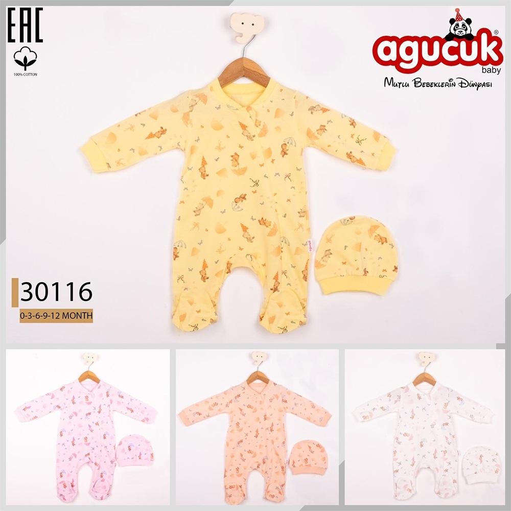 Agucuk Baby 30116 Kız Bebe Penye Şemsiyeli Ayıcık Baskılı Patikli Tulum 3-12 Ay