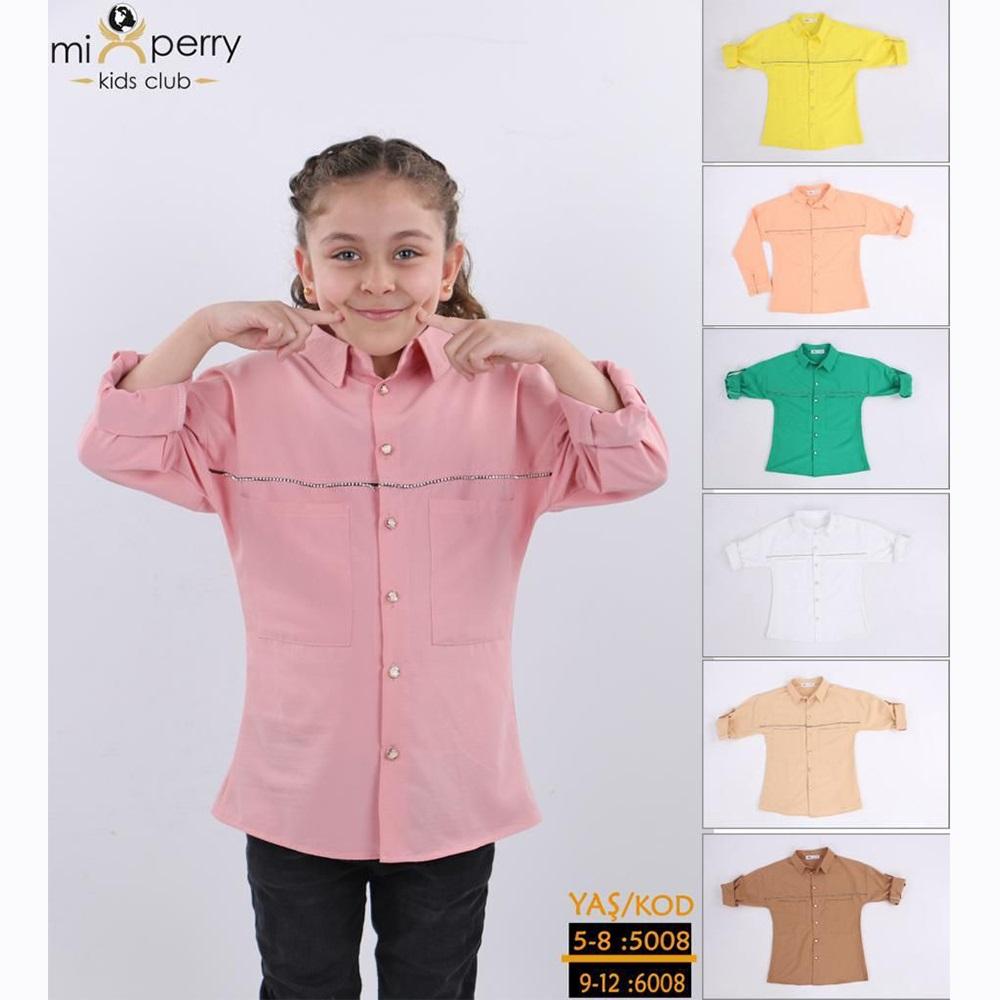 Mixperry 6008 Kız Çocuk Cep Üstü Boydan İnce Taşlı Ayrobin Gömlek 9-12 Yaş