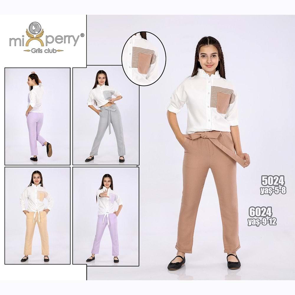 Mixperry 5024 Kız Çocuk Düz Kare Baskılı Gömlek Muslin Alt Takım 5-8 Yaş