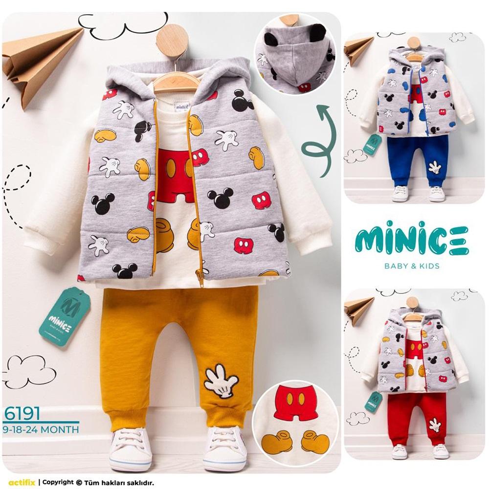 Minice 6191 Erkek Bebe Mickey Bas 3 lü Penye Takım 9-18-24 Ay