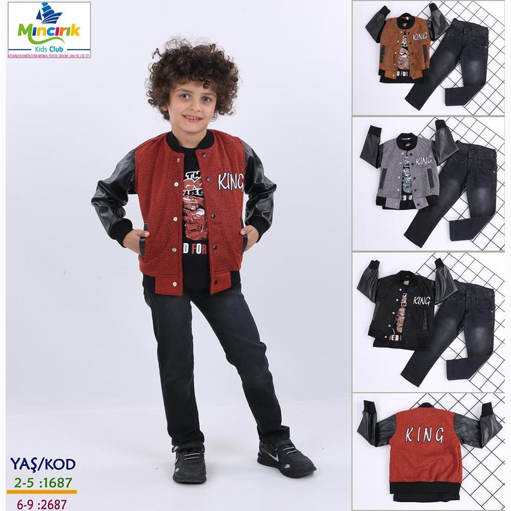 Mıncırık Kids 2687 Erkek Çocuk Süet King Nakışlı 3 Lü Ceketli Takım 6-9 Yaş