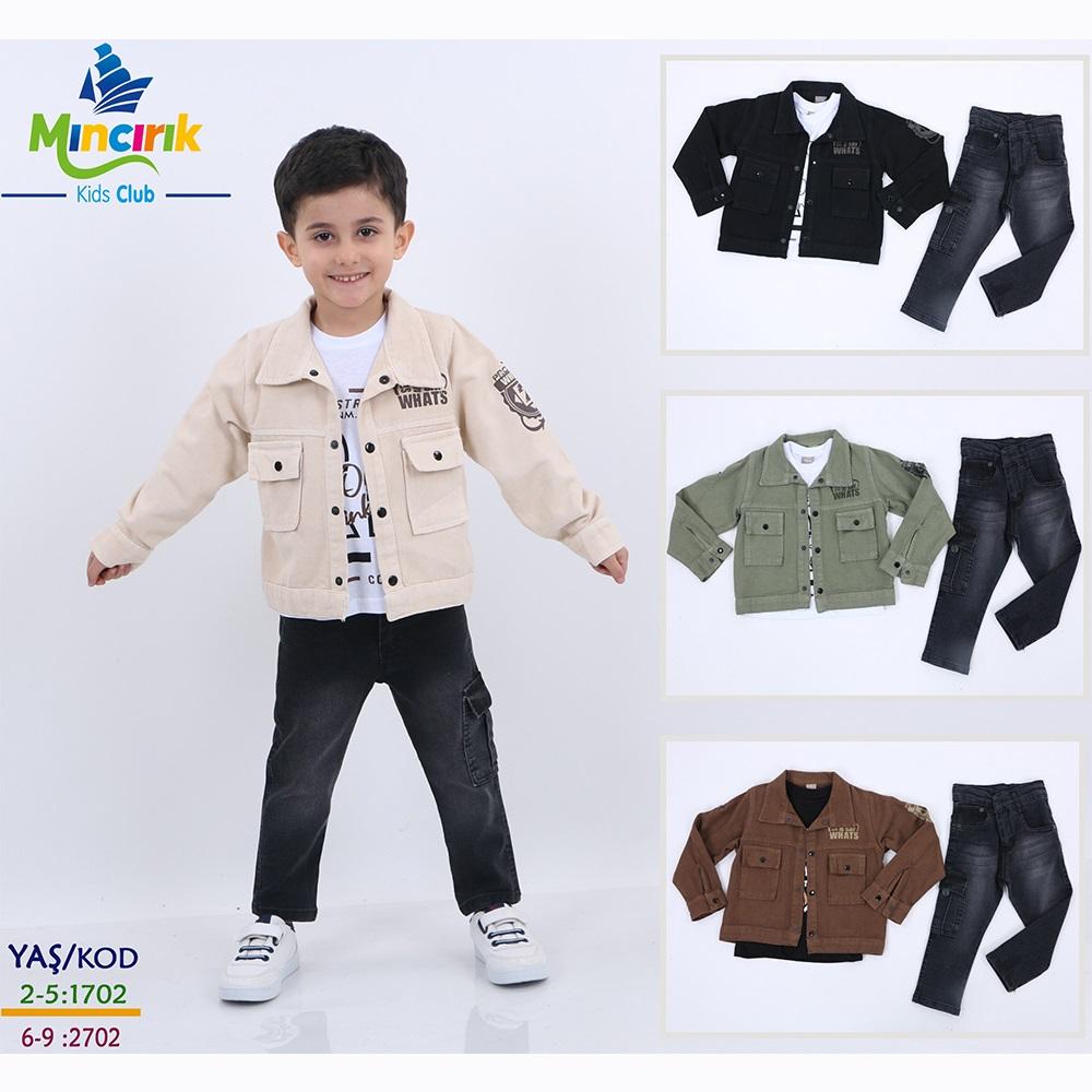 Mıncırık Kids 2702 Erkek Çocuk Zara Piefti Kemerli Kot Baskılı 3 Lü Gömlekli Takım 6-9 Yaş