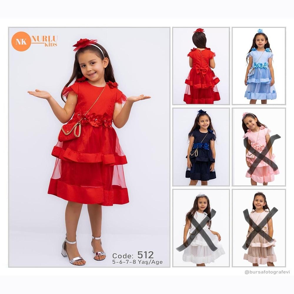 Nurlu Kids 512 Kız Çocuk Çantalı Kısa Kol Tül Elbise 5-8 Yaş