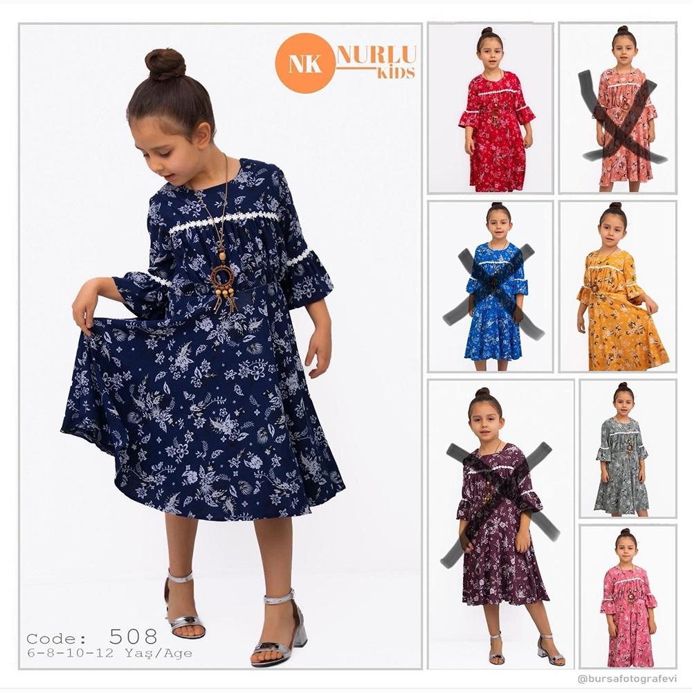 Nurlu Kids 508 Kız Çocuk Kolyeli Desenli Fırfırlı Elbise 6-12 Yaş
