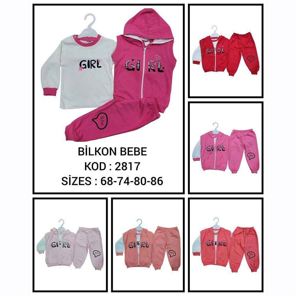 Bilcon 2817 Kız Bebe Girl Baskılı Fermuarlı 3 Lü Kapşonlu Takım 6-18 Ay