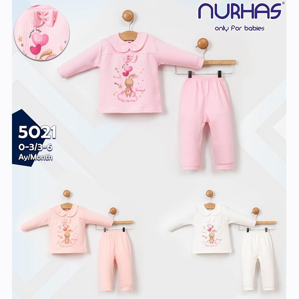 Nurhas 5021 Kız Bebe Penye Balonlu Tavşan Baskılı 2 Li Takım 3-6 Ay