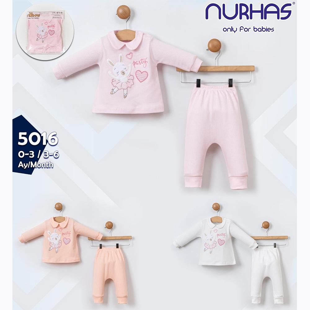 Nurhas 5016 Kız Bebe Penye Raporlu Balerin Tavşan Nakışlı 2 Li Takım 3-6 Ay