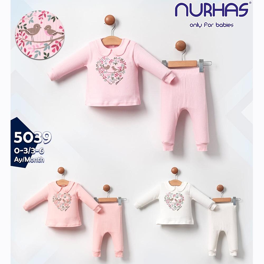 Nurhas 5039 Kız Bebe Penye Raporlu Kalpli Kuş 2 Li Takım 3-6 Ay